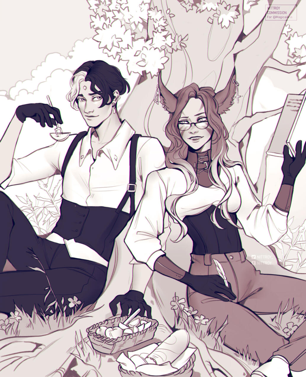 Monochrome scene, 2 characters | OCs belongs to @MagicaAria (twt)